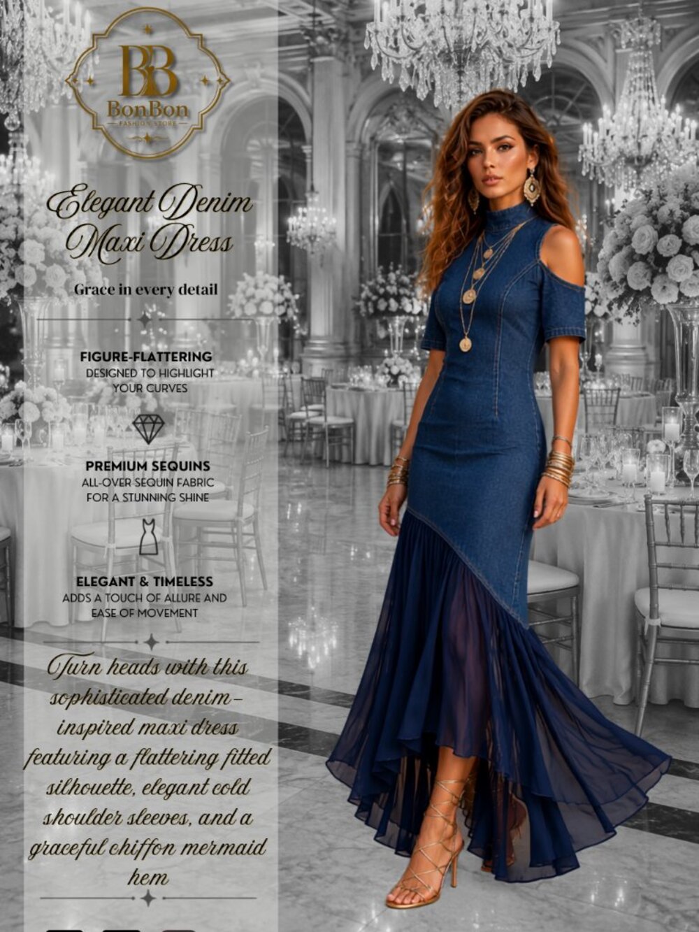 Elegant Denim Maxi Dress for Women, Cold Shoulder Blue Evening Dress, High Neck